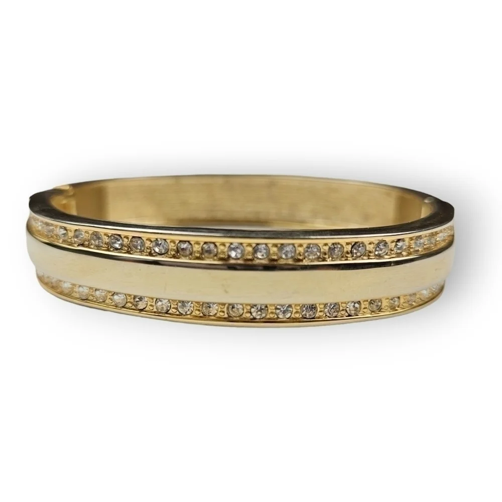 Vintage Rhinestone Cuff Bracelet Clamper Gold Plated Retro Minimalist ~6 7/8